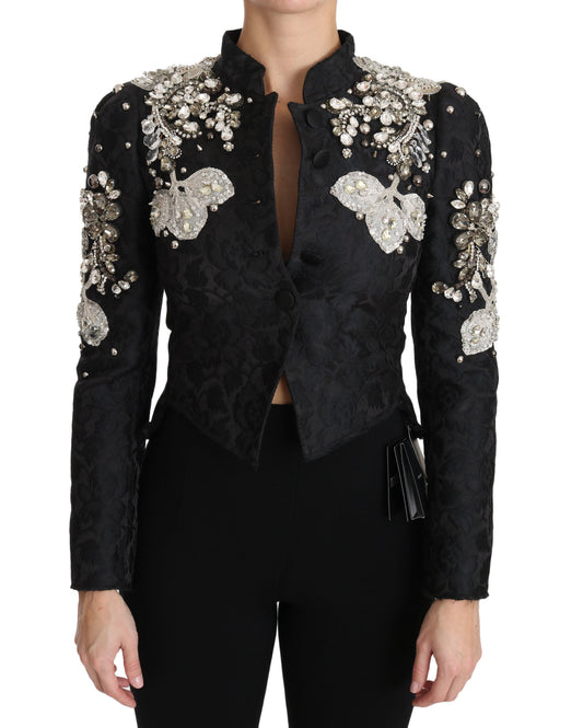 Elegante chaqueta barroca negra y plateada