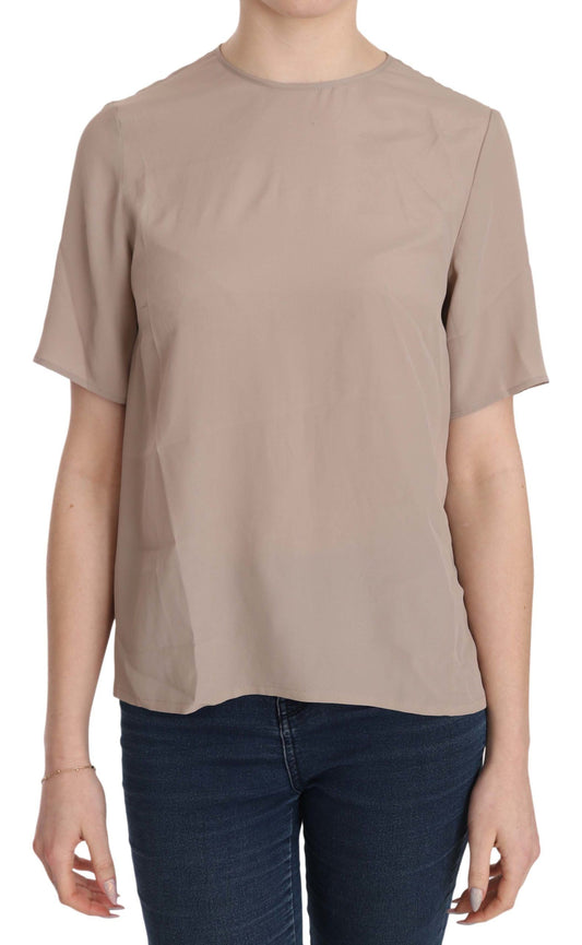 Elegante blusa de cuello redondo en mezcla de seda beige