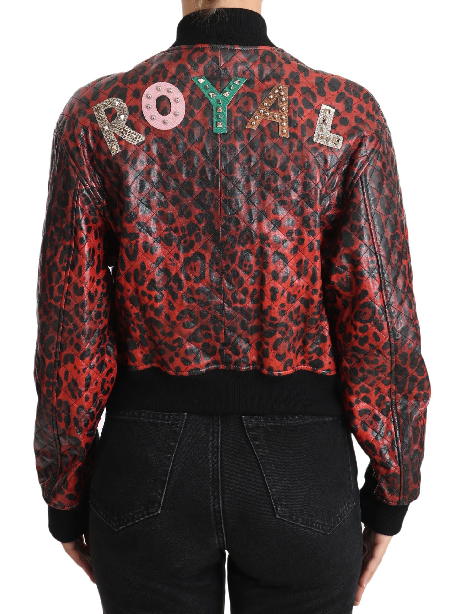Chaqueta bomber de cuero con estampado de leopardo rojo y botones de cristal