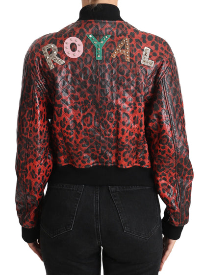 Chaqueta bomber de cuero con estampado de leopardo rojo y botones de cristal