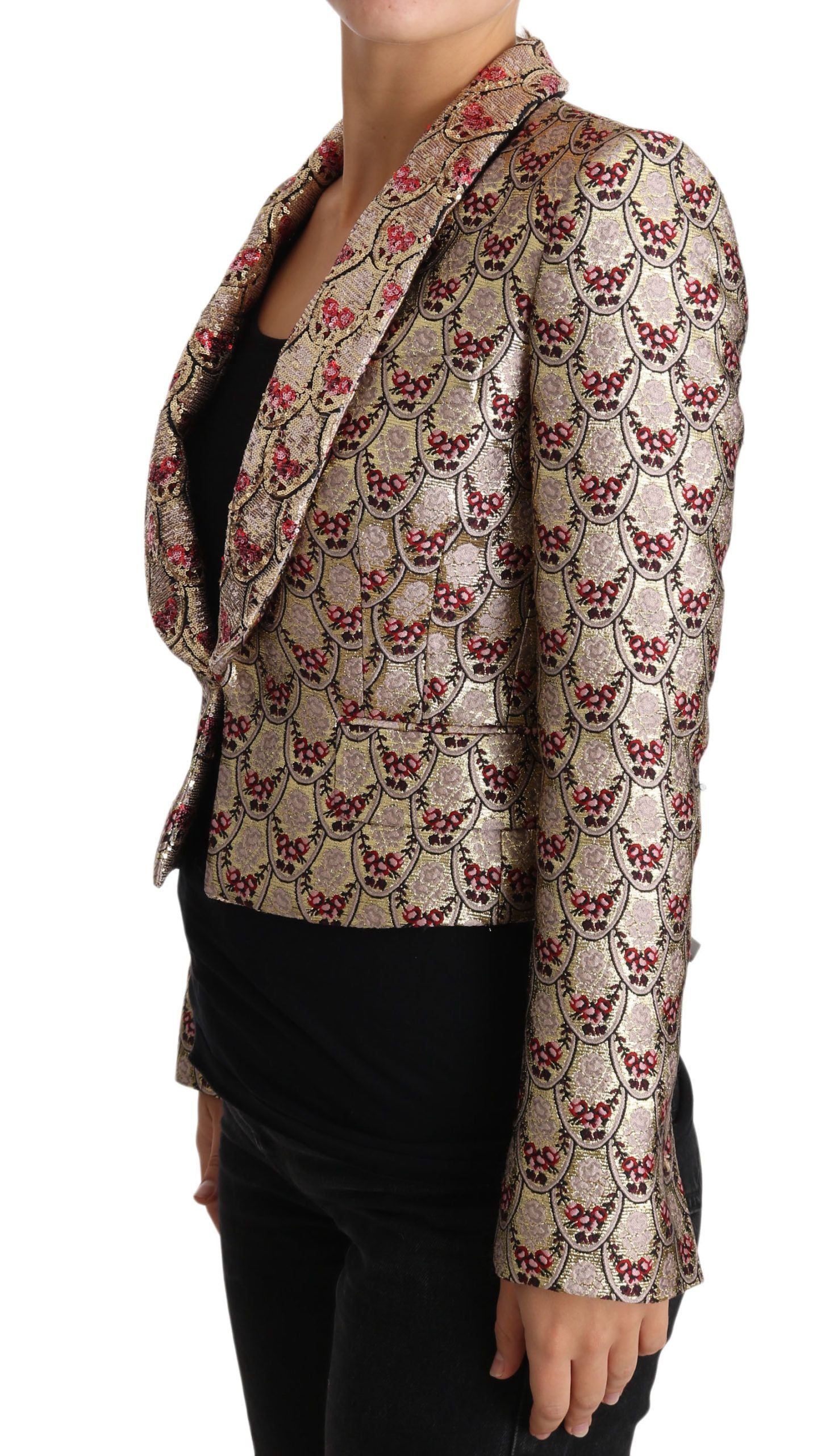 Chaqueta blazer con lentejuelas y flores doradas brillantes