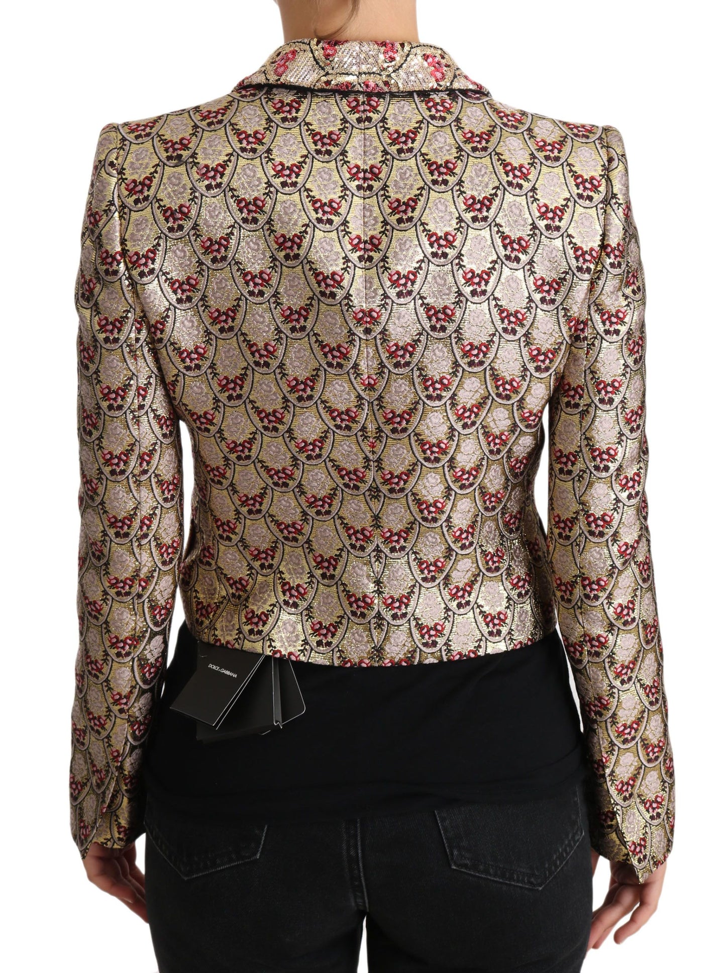 Chaqueta blazer con lentejuelas y flores doradas brillantes