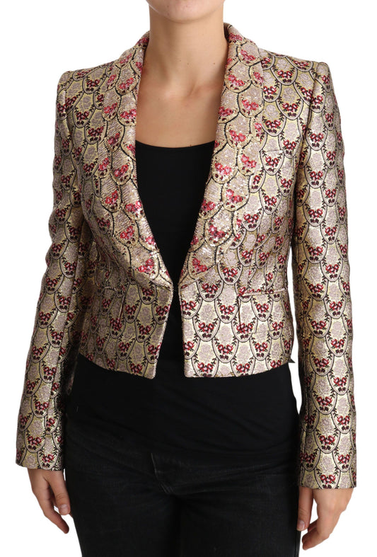 Chaqueta blazer con lentejuelas y flores doradas brillantes