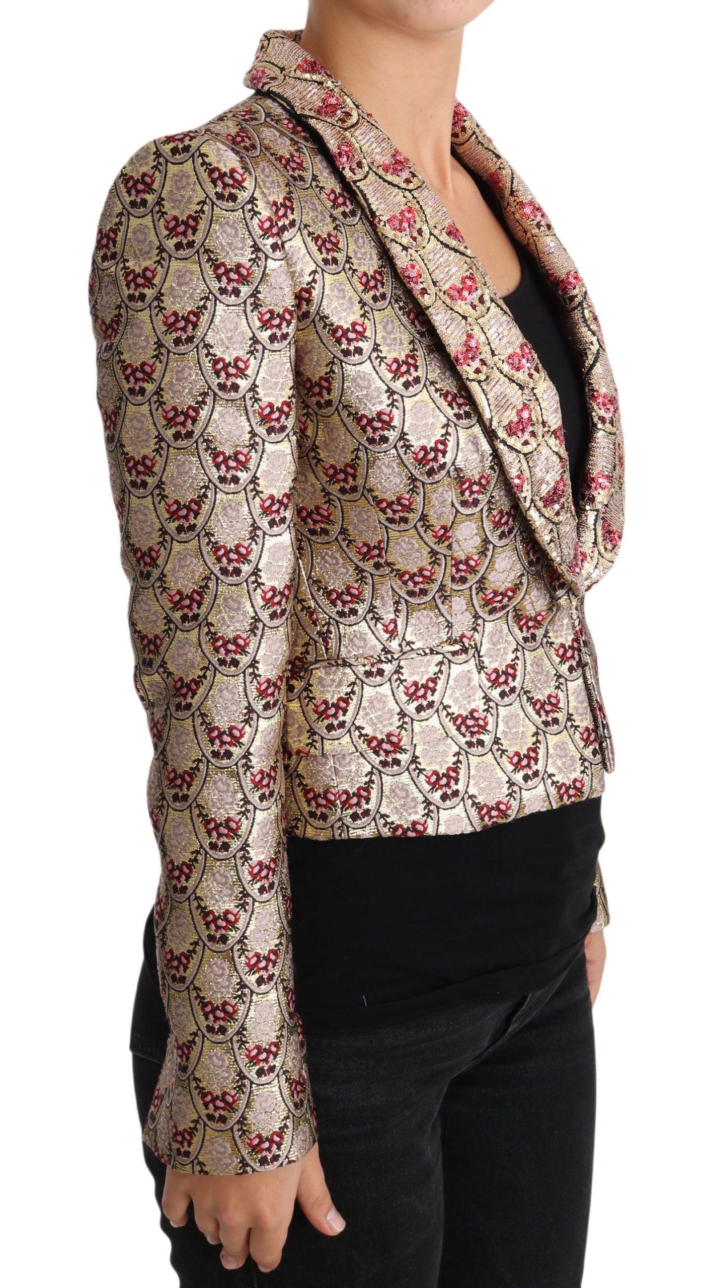 Chaqueta blazer con lentejuelas y flores doradas brillantes