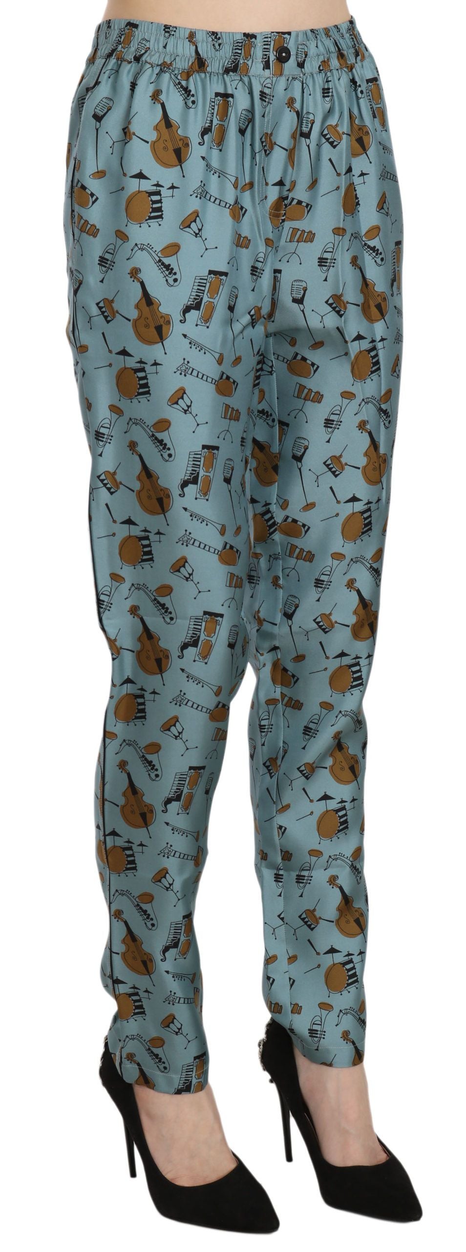 Pantalones de seda cónicos de cintura alta con estampado azul