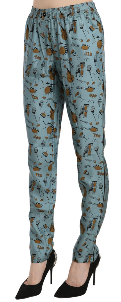 Pantalones de seda cónicos de cintura alta con estampado azul
