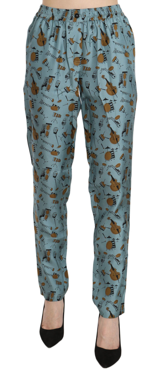 Pantalones de seda cónicos de cintura alta con estampado azul