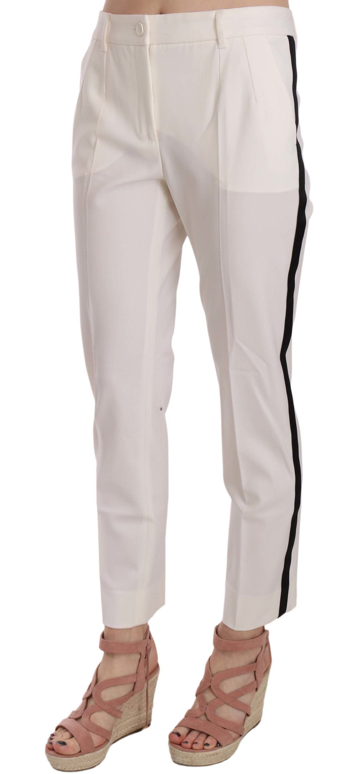 Elegantes pantalones cónicos de lana con rayas blancas
