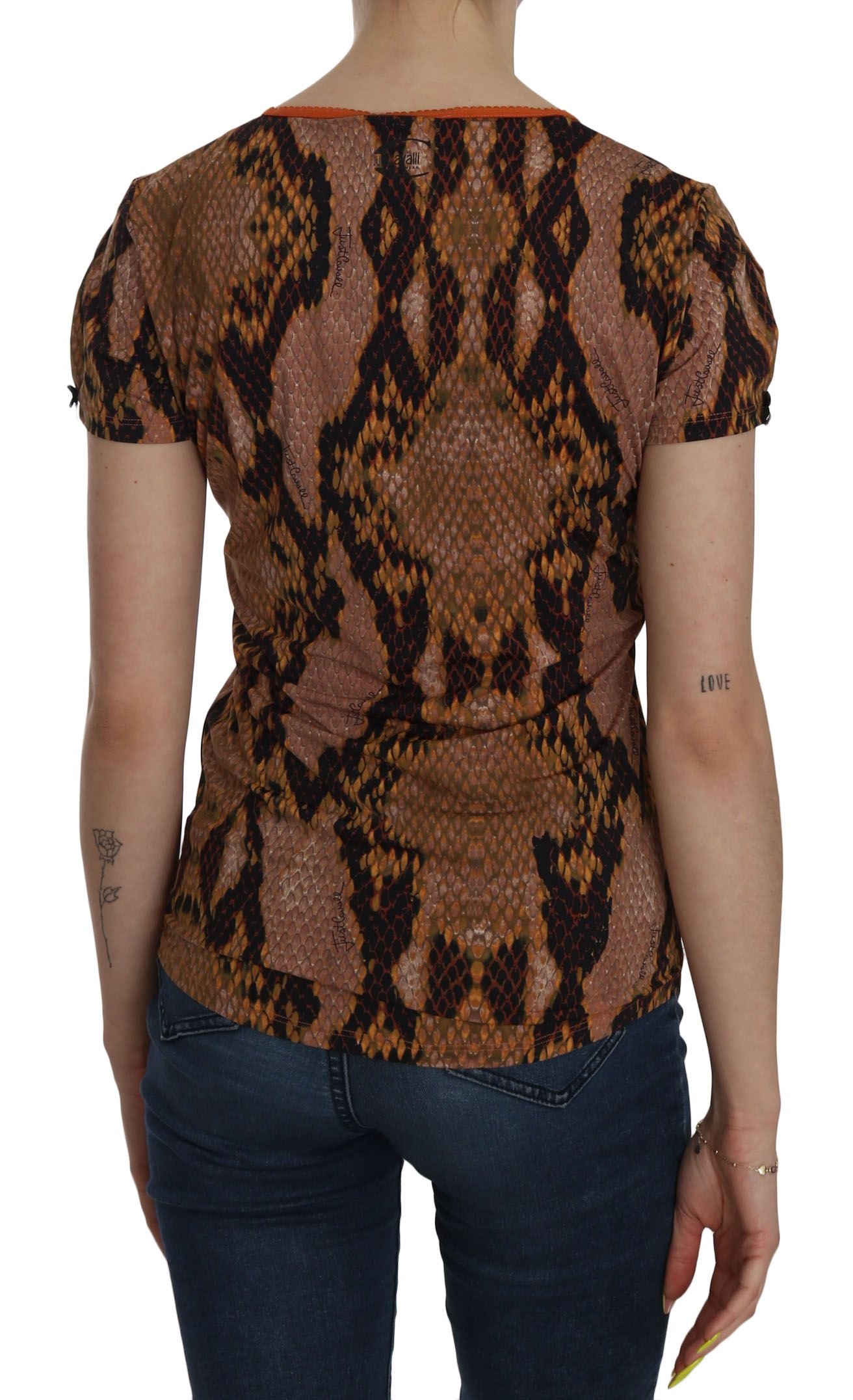 Atractiva blusa con estampado de piel de serpiente marrón