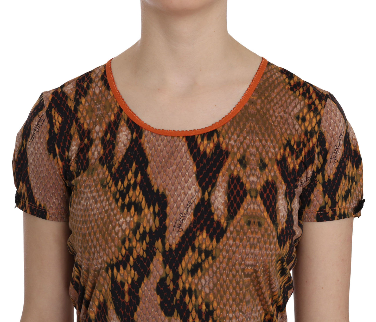 Atractiva blusa con estampado de piel de serpiente marrón