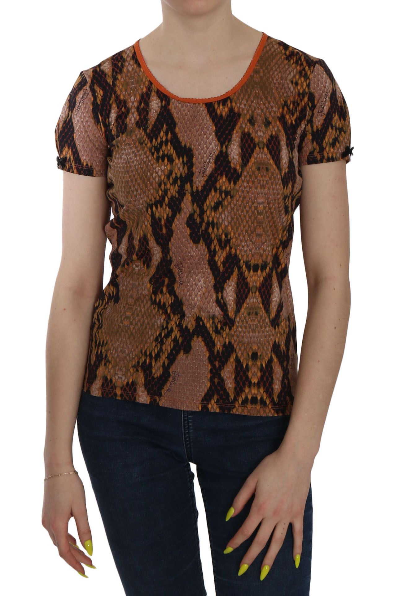 Atractiva blusa con estampado de piel de serpiente marrón