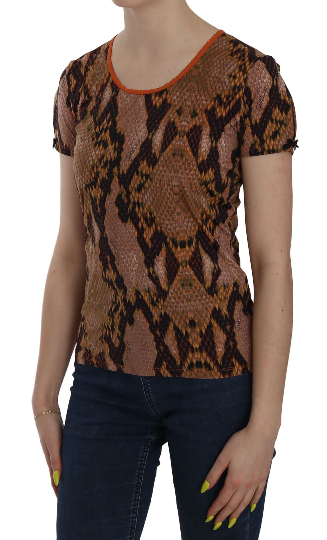 Atractiva blusa con estampado de piel de serpiente marrón