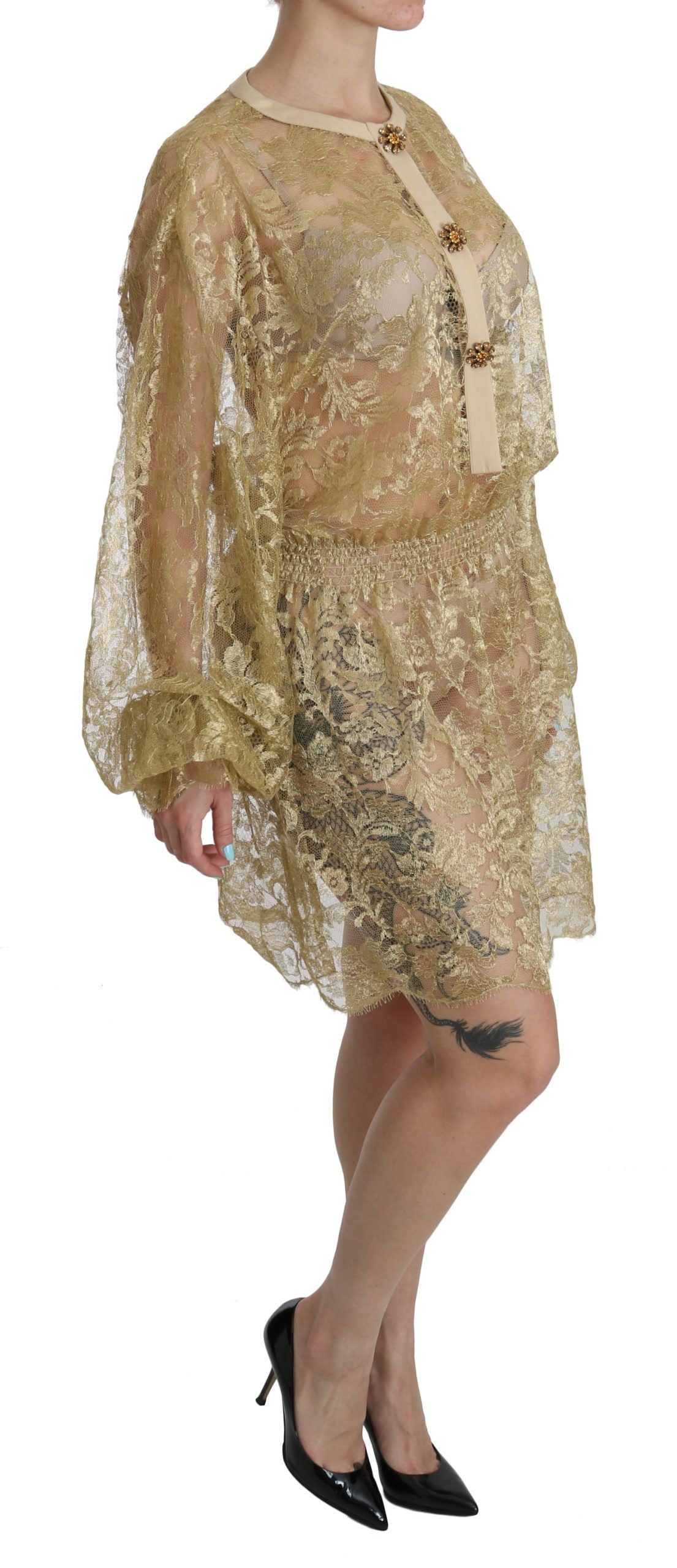 Elegante vestido de encaje dorado hasta la rodilla con corte en A