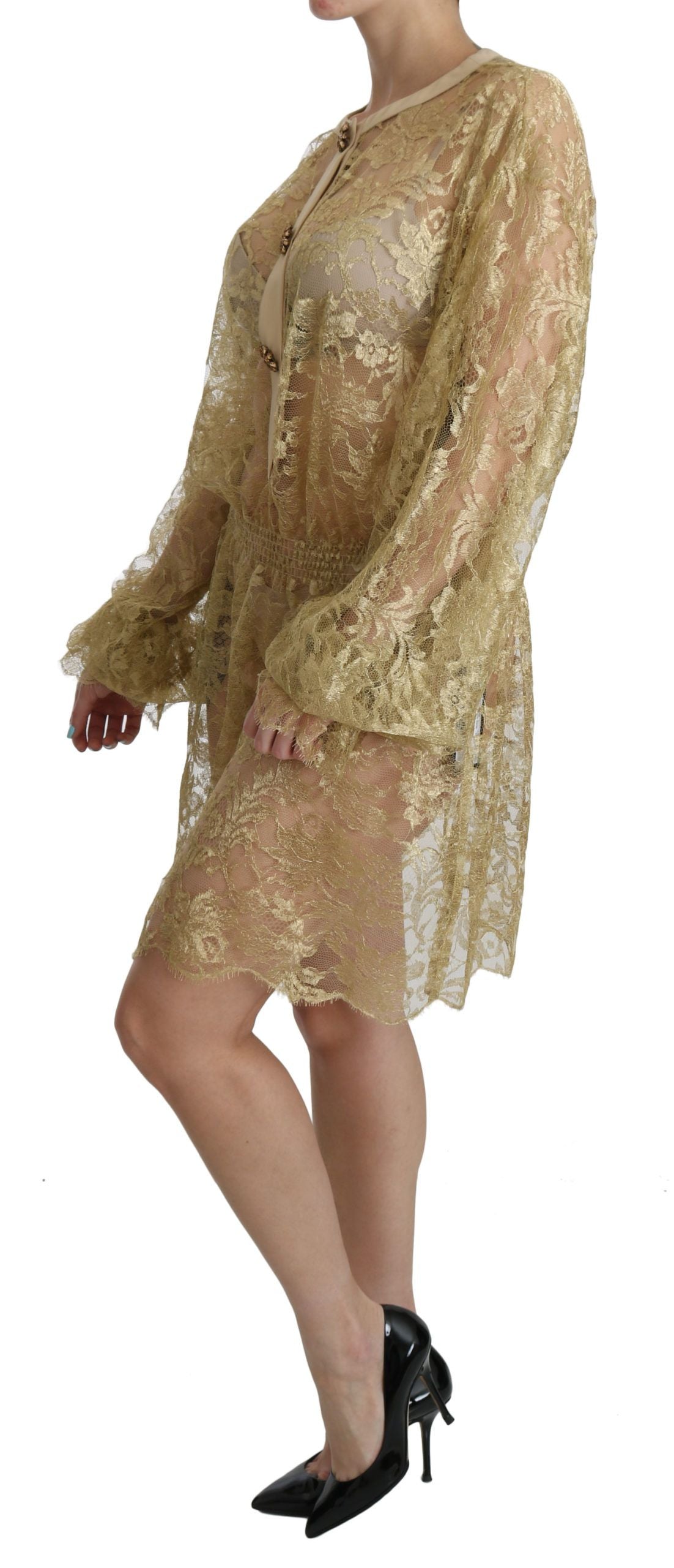 Elegante vestido de encaje dorado hasta la rodilla con corte en A