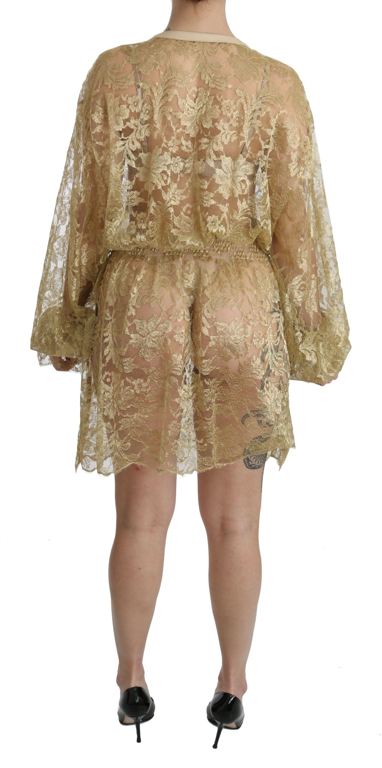 Elegante vestido de encaje dorado hasta la rodilla con corte en A