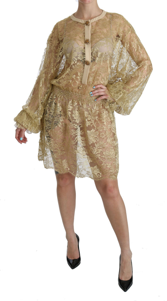 Elegante vestido de encaje dorado hasta la rodilla con corte en A