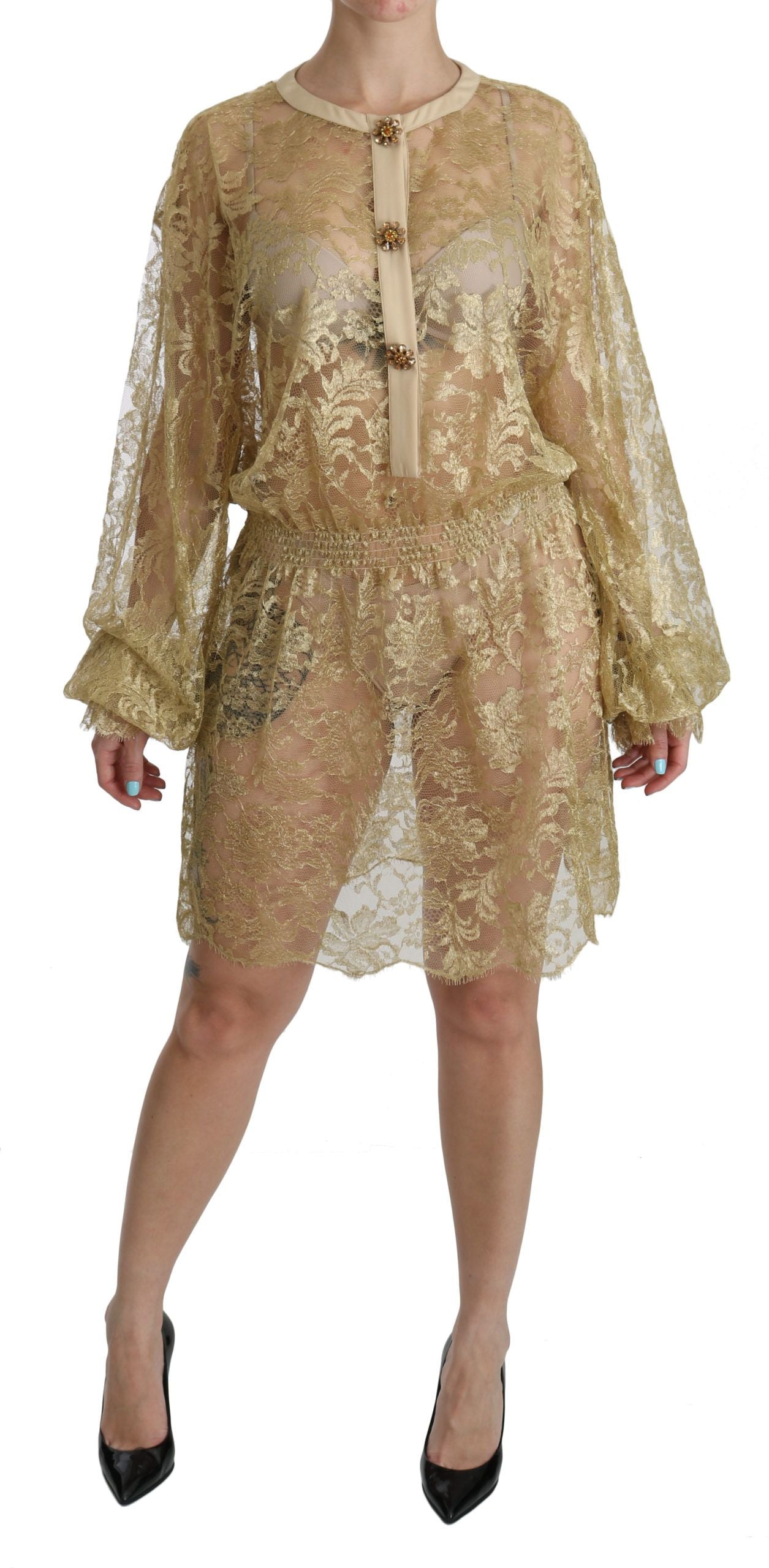 Elegante vestido de encaje dorado hasta la rodilla con corte en A