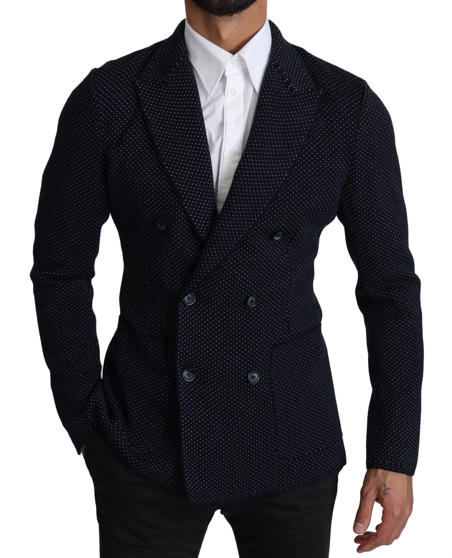 Elegante blazer entallado de lunares azul oscuro