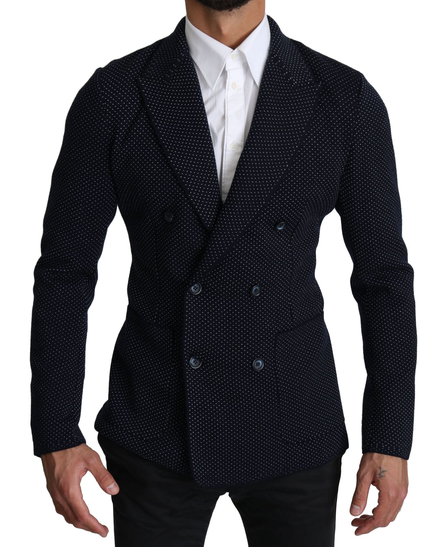 Elegante blazer entallado de lunares azul oscuro