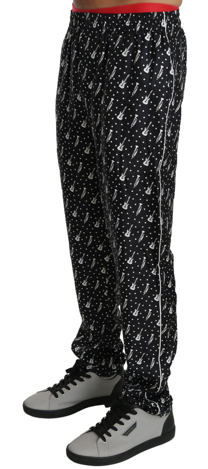 Pantalones elegantes de seda con estampado de instrumentos musicales negros