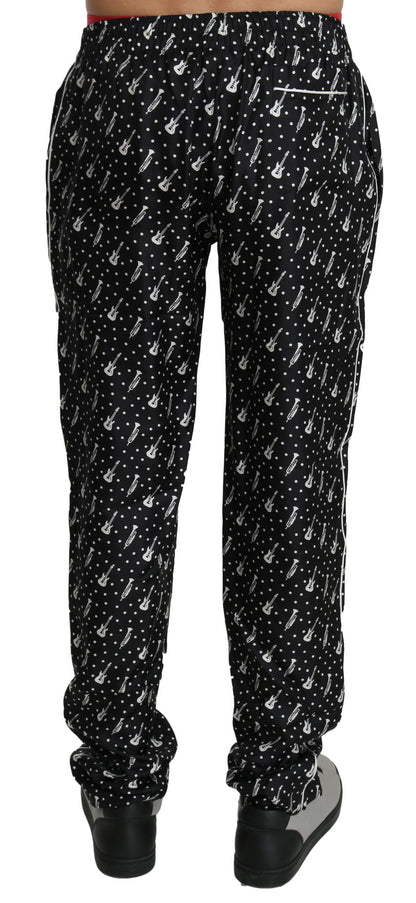 Pantalones elegantes de seda con estampado de instrumentos musicales negros