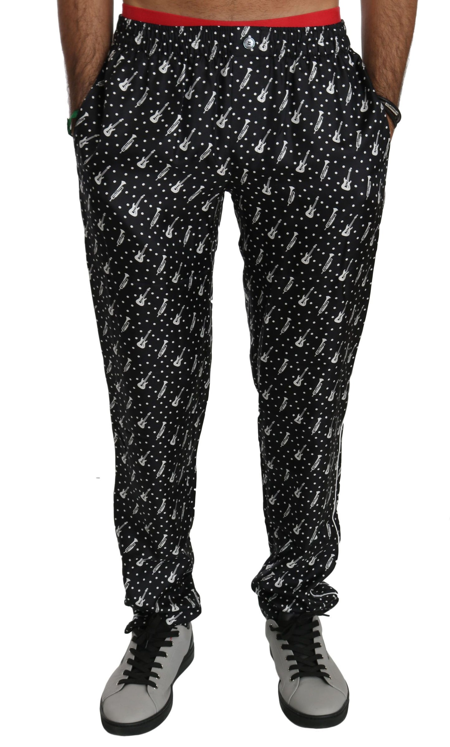 Pantalones elegantes de seda con estampado de instrumentos musicales negros