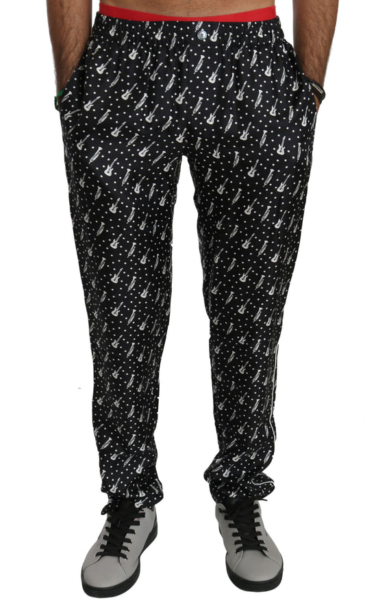 Pantalones elegantes de seda con estampado de instrumentos musicales negros