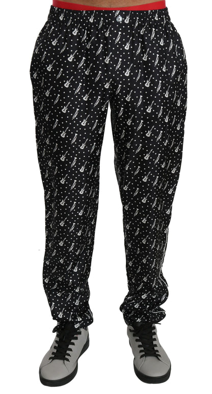 Pantalones elegantes de seda con estampado de instrumentos musicales negros