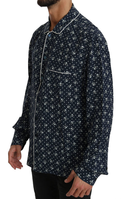 Elegancia de seda: Camisa de estar por casa con estampado de calavera azul