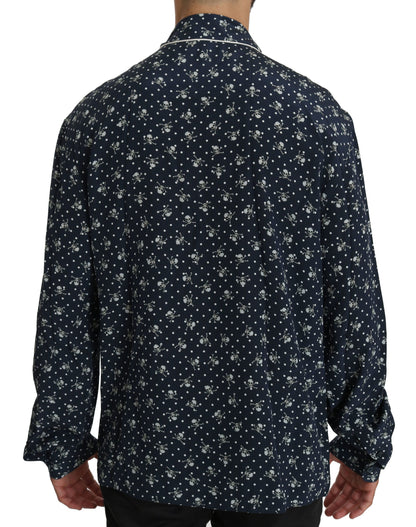 Elegancia de seda: Camisa de estar por casa con estampado de calavera azul