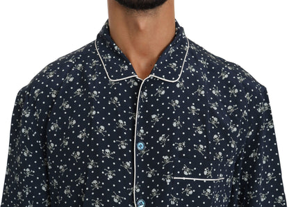 Elegancia de seda: Camisa de estar por casa con estampado de calavera azul