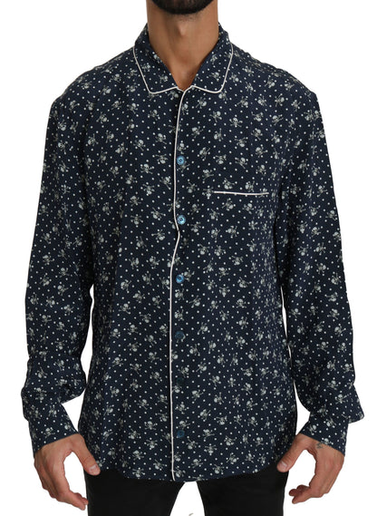 Elegancia de seda: Camisa de estar por casa con estampado de calavera azul