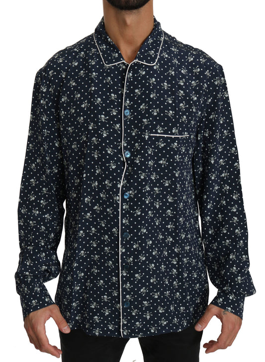 Elegancia de seda: Camisa de estar por casa con estampado de calavera azul