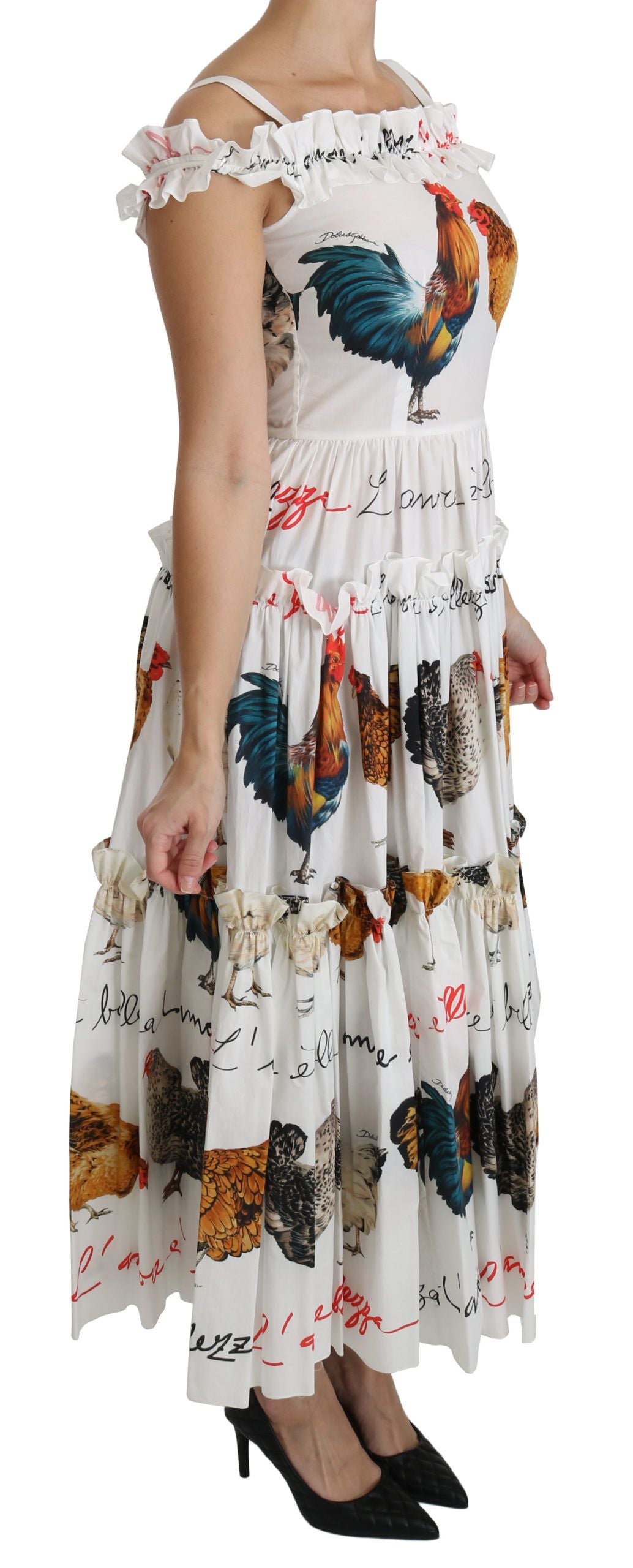 Elegante vestido midi con estampado de gallo blanco