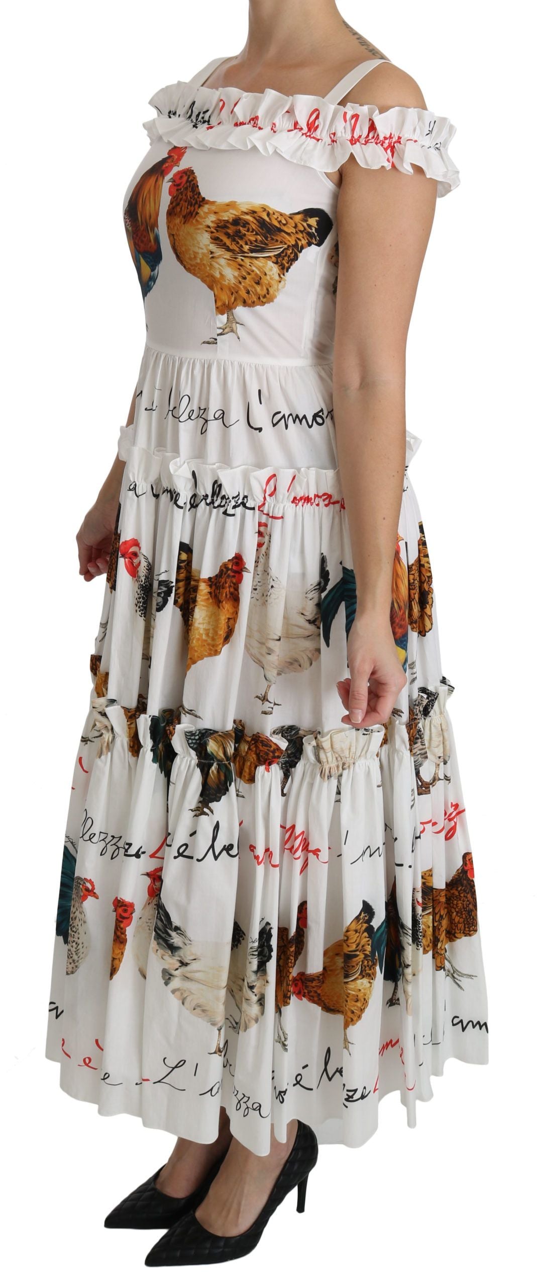 Elegante vestido midi con estampado de gallo blanco