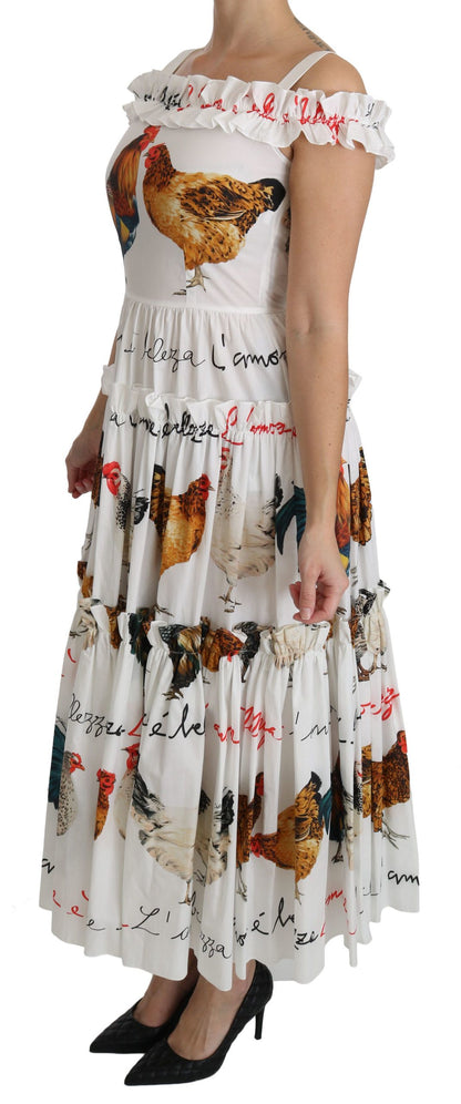 Elegante vestido midi con estampado de gallo blanco