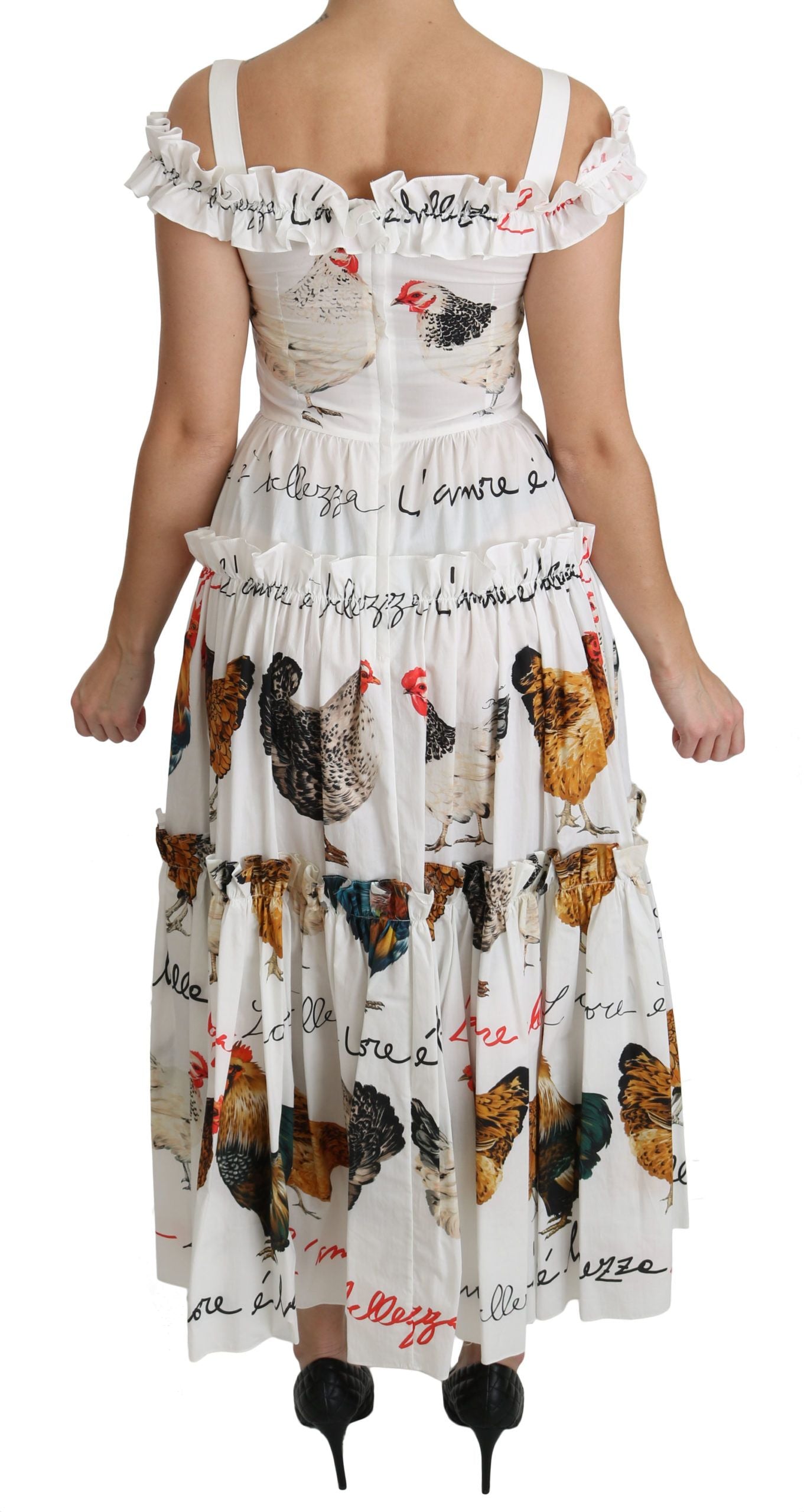 Elegante vestido midi con estampado de gallo blanco