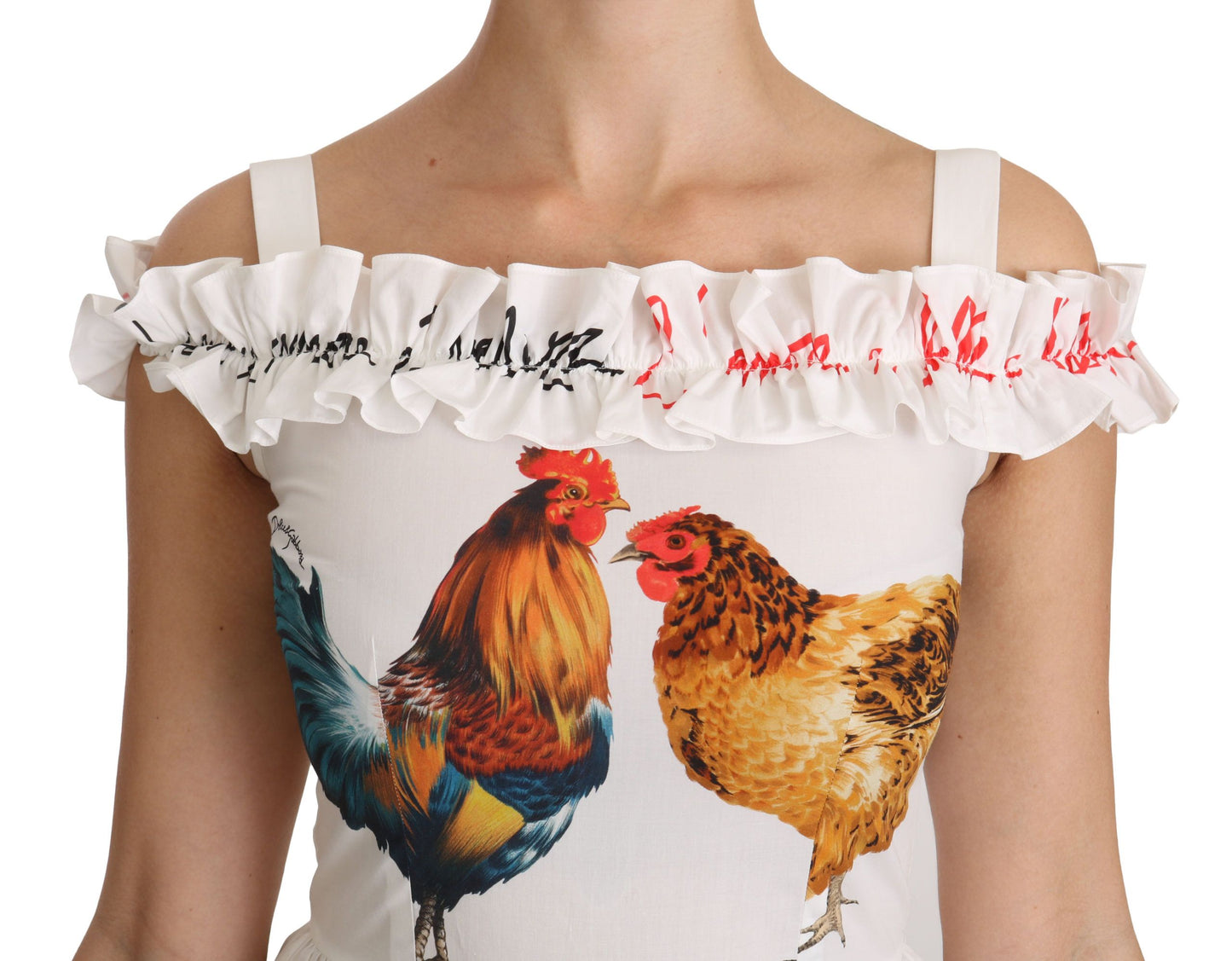 Elegante vestido midi con estampado de gallo blanco
