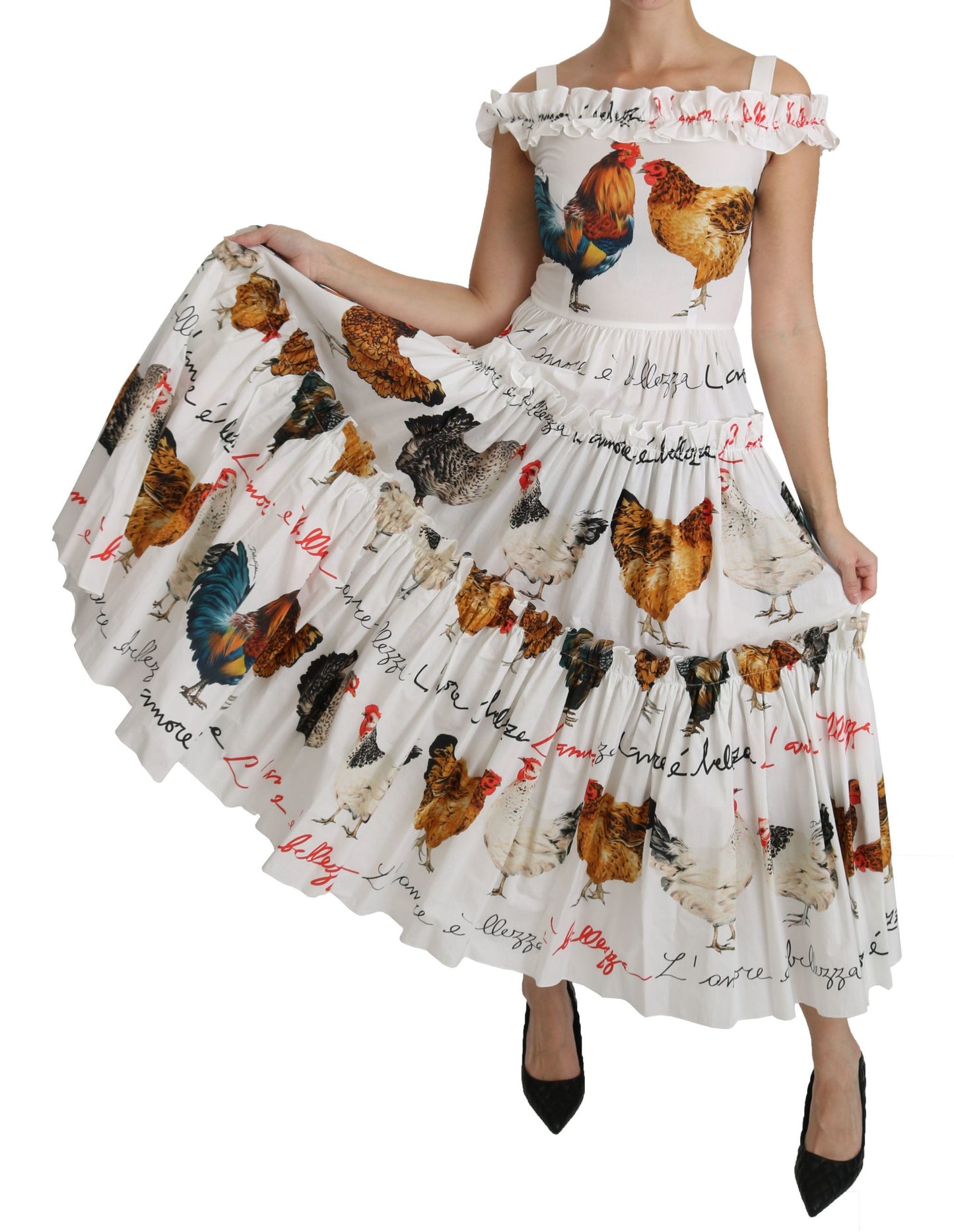 Elegante vestido midi con estampado de gallo blanco