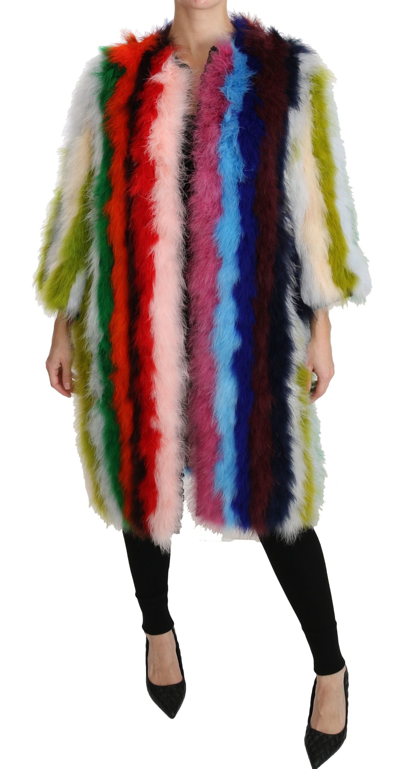 Chaqueta larga elegante con plumas multicolor