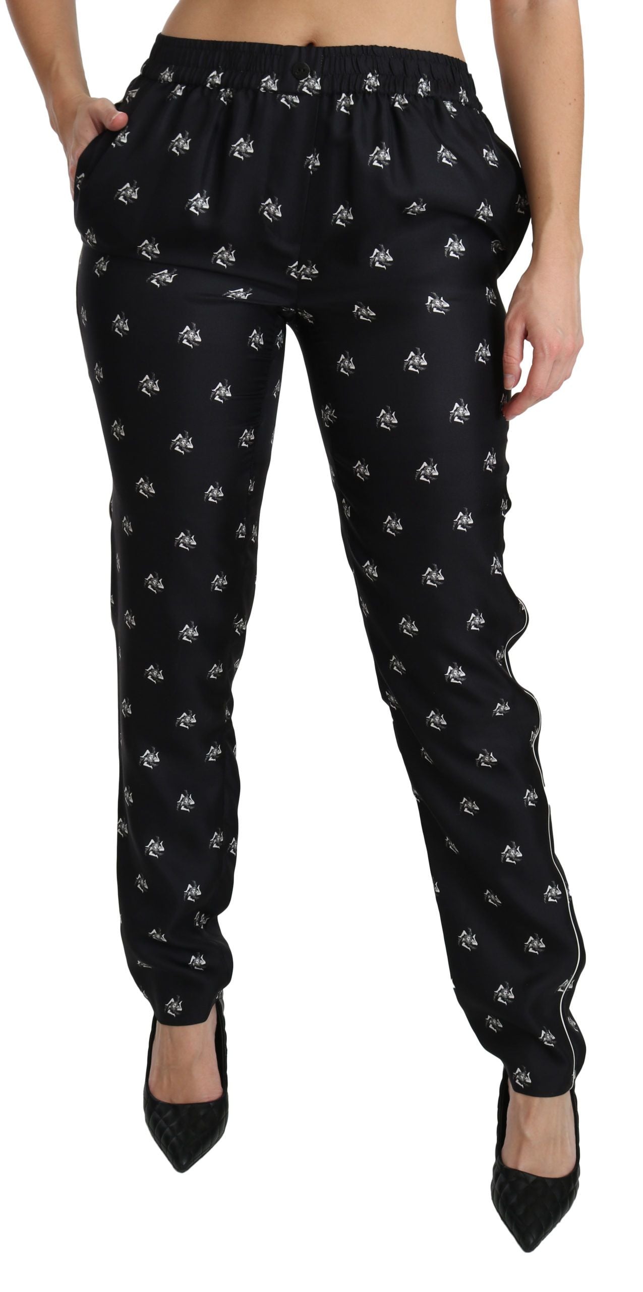 Pantalones elegantes de seda ajustados de cintura media