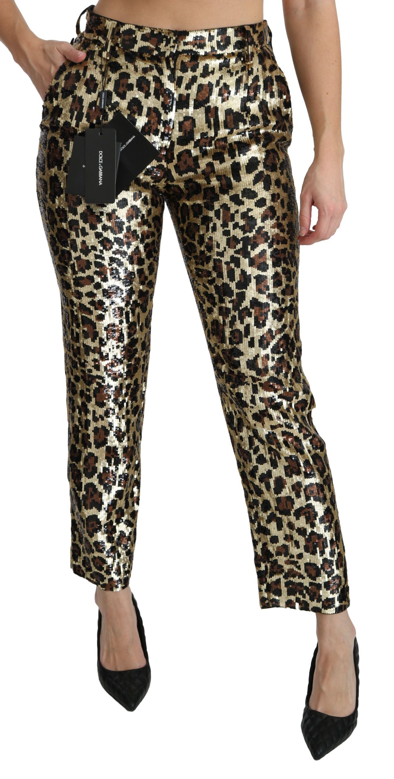 Pantalones elegantes de cintura alta con lentejuelas y estampado de leopardo
