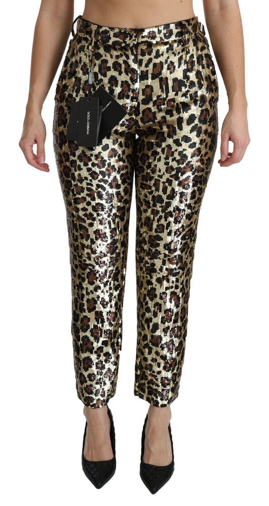 Pantalones elegantes de cintura alta con lentejuelas y estampado de leopardo