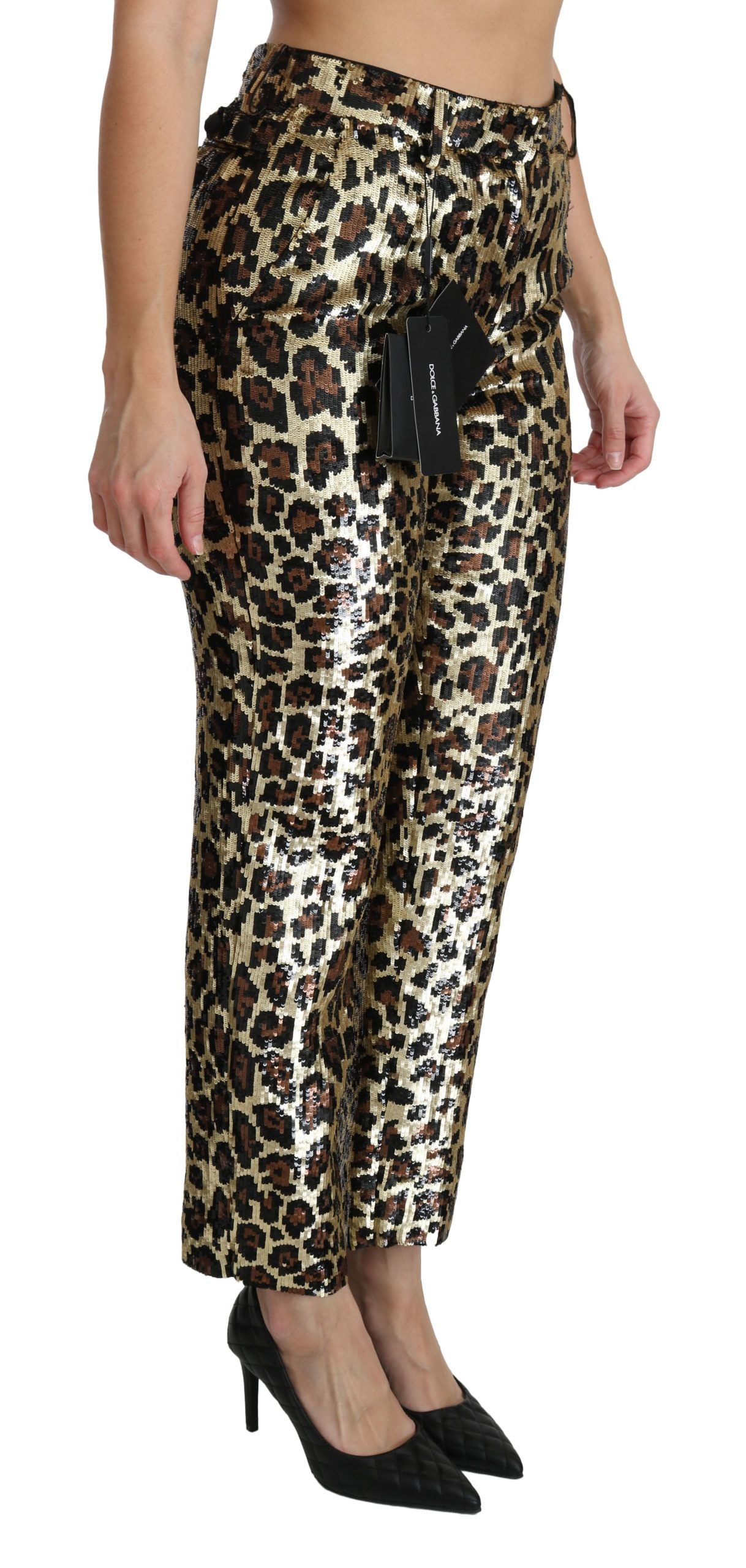 Pantalones elegantes de cintura alta con lentejuelas y estampado de leopardo