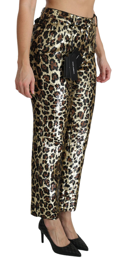 Pantalones elegantes de cintura alta con lentejuelas y estampado de leopardo
