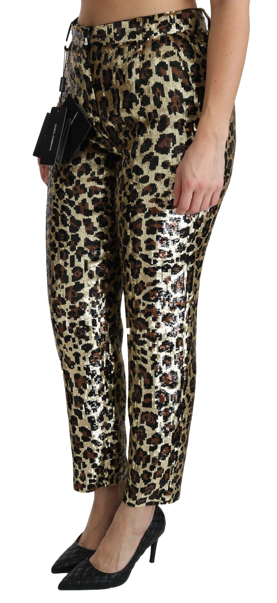 Pantalones elegantes de cintura alta con lentejuelas y estampado de leopardo