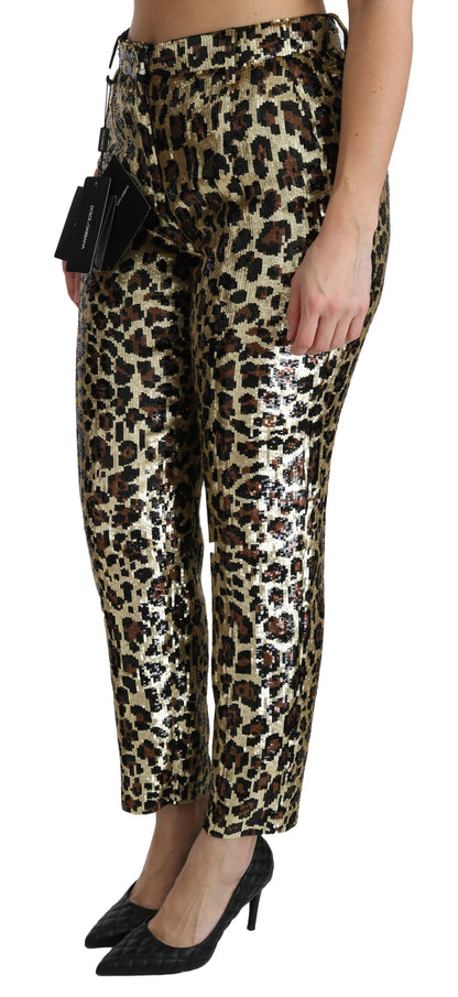 Pantalones elegantes de cintura alta con lentejuelas y estampado de leopardo