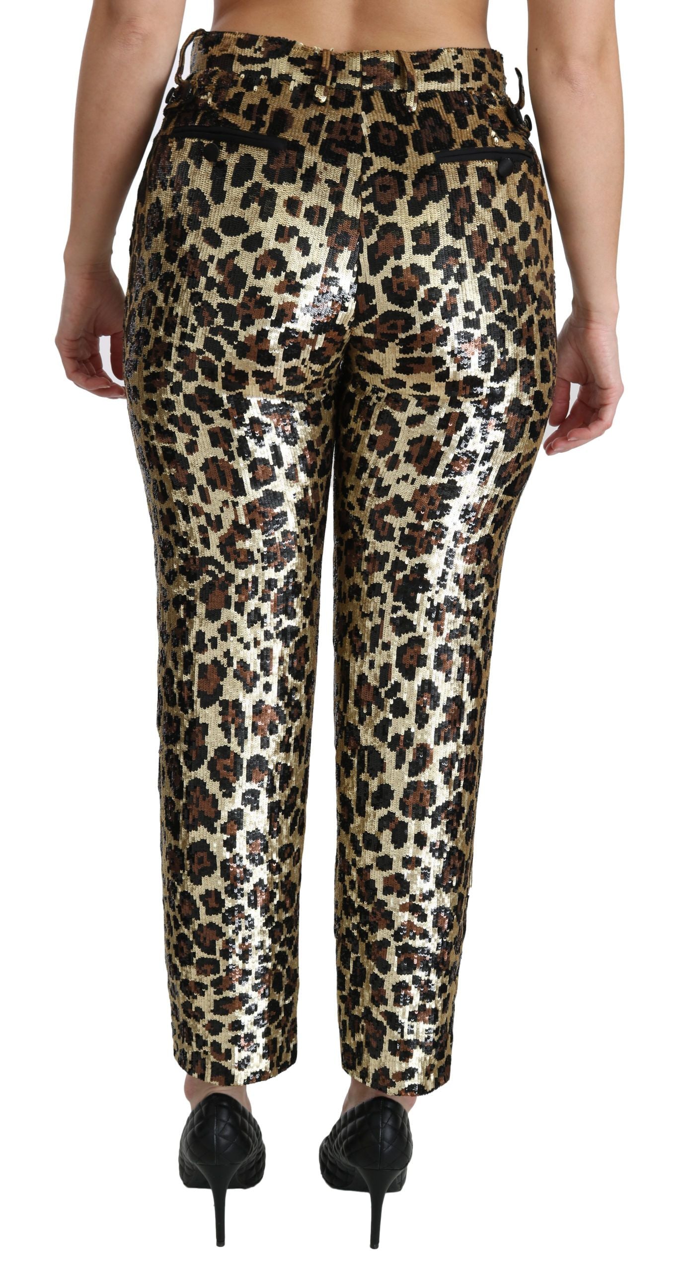 Pantalones elegantes de cintura alta con lentejuelas y estampado de leopardo