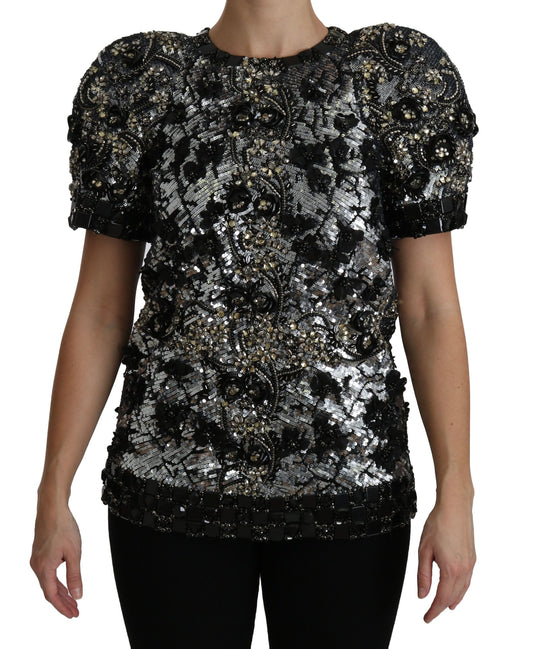 Top de cuello redondo con adornos de cristales y lentejuelas