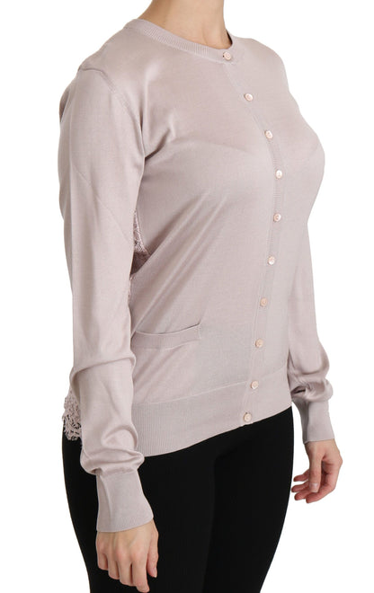 Cárdigan de cuello redondo rosa en mezcla de seda